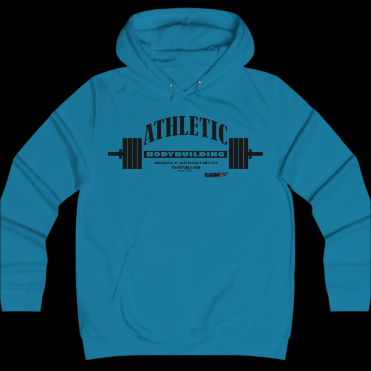 Sport carolina blue color athletic hoodie gymstar with black graphic featuring the text "ATHLETIC BODYBUILDING MUSCLE DEPARTMENT," a barbell illustration, and small GYMSTAR logo on the chest.