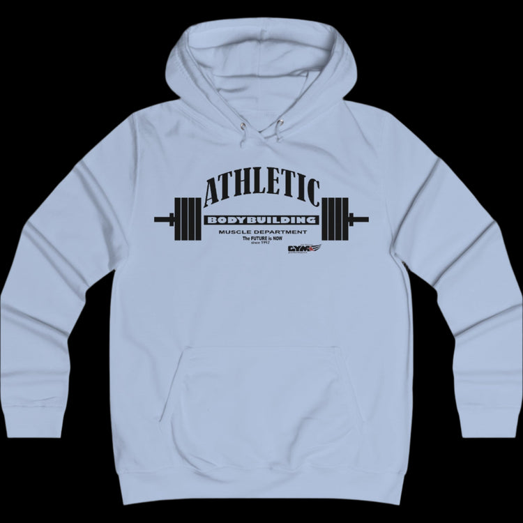 Sport light blue color athletic hoodie gymstar with black graphic featuring the text "ATHLETIC BODYBUILDING MUSCLE DEPARTMENT," a barbell illustration, and small GYMSTAR logo on the chest.