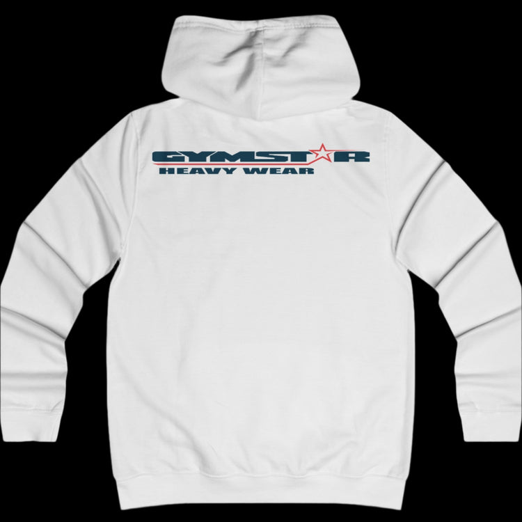 Sport white color athletic hoodie gymstar with dark navy blue graphic featuring the text "heavy wear" and a  GYMSTAR logo on the back. Rear view.