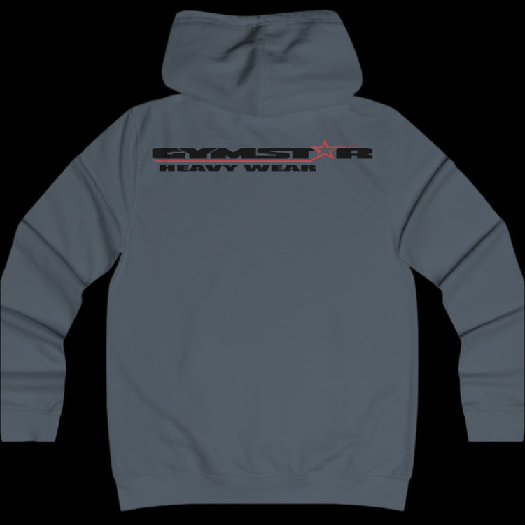 Sport grey color athletic hoodie gymstar with black graphic featuring the text "heavy wear" and a  GYMSTAR logo on the back. Rear view.