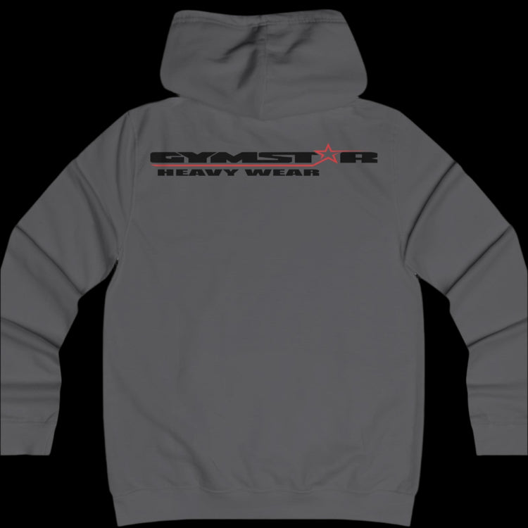 Sport sport grey color athletic hoodie gymstar with black graphic featuring the text "heavy wear" and a  GYMSTAR logo on the back. Rear view.