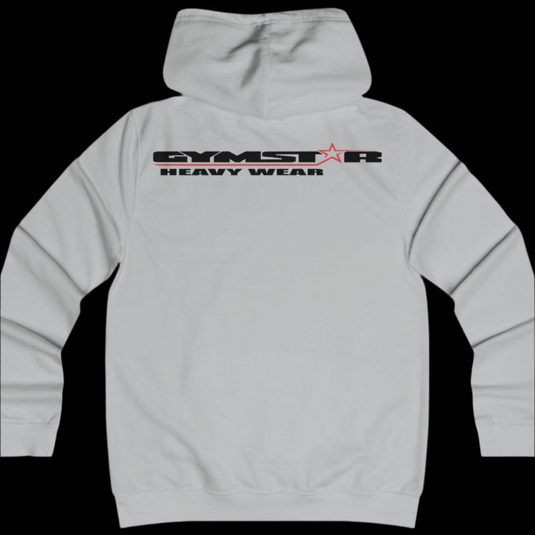 Silver green color athletic hoodie gymstar with black graphic featuring the text "heavy wear" and a  GYMSTAR logo on the back. Rear view.