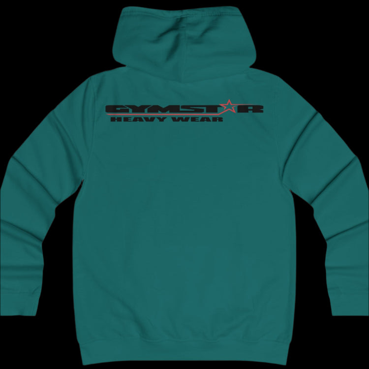 Sport elctric green color athletic hoodie gymstar with black graphic featuring the text "heavy wear" and a  GYMSTAR logo on the back. Rear view.