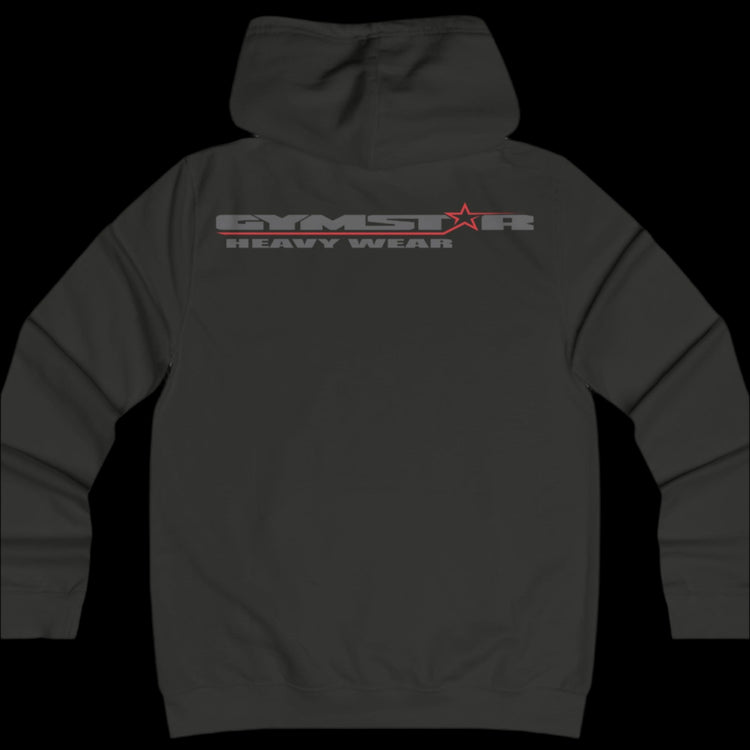 Sport dark grey color athletic hoodie gymstar with light grey graphic featuring the text "heavy wear" and a  GYMSTAR logo on the back. Rear view