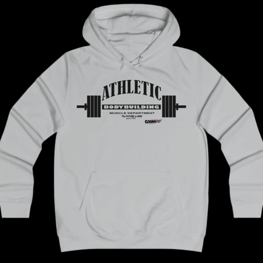 Sport silver grey athletic hoodie gymstar with black graphic featuring the text "ATHLETIC BODYBUILDING MUSCLE DEPARTMENT," a barbell illustration, and small GYMSTAR logo on the chest.
