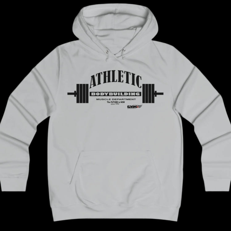 Sport silver grey athletic hoodie gymstar with black graphic featuring the text "ATHLETIC BODYBUILDING MUSCLE DEPARTMENT," a barbell illustration, and small GYMSTAR logo on the chest.