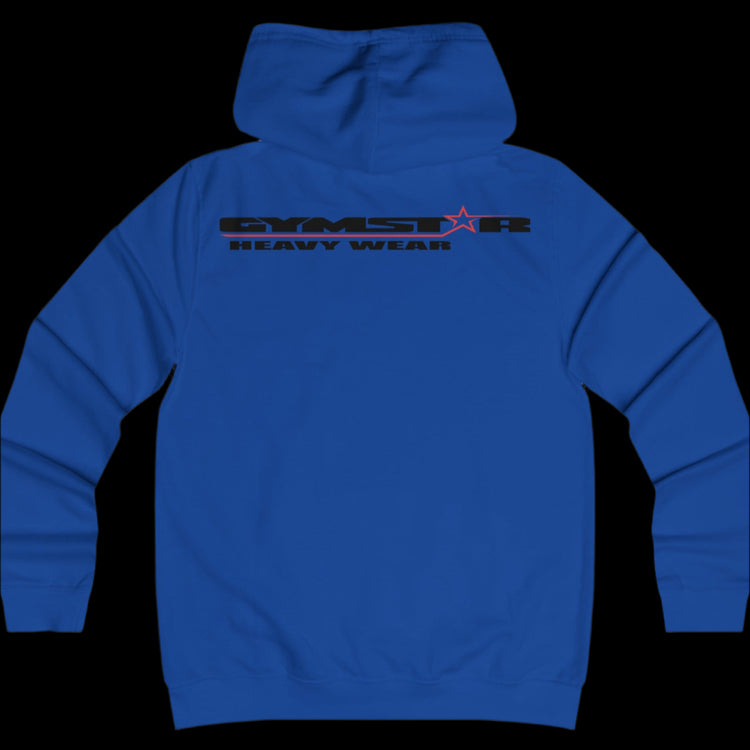 Sport blue color athletic hoodie gymstar with black graphic featuring the text "heavy wear" and a  GYMSTAR logo on the back. Rear view.