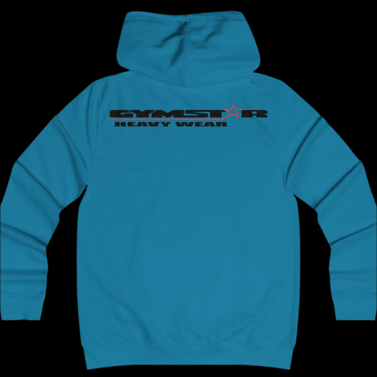 Sport carolina blue color athletic hoodie gymstar with black graphic featuring the text "heavy wear" and a  GYMSTAR logo on the back. Rear view.