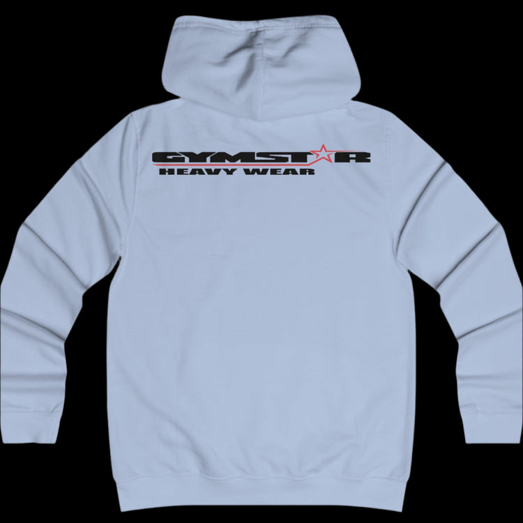 Sport light blue color athletic hoodie gymstar with black graphic featuring the text "heavy wear" and a  GYMSTAR logo on the back. Rear view.