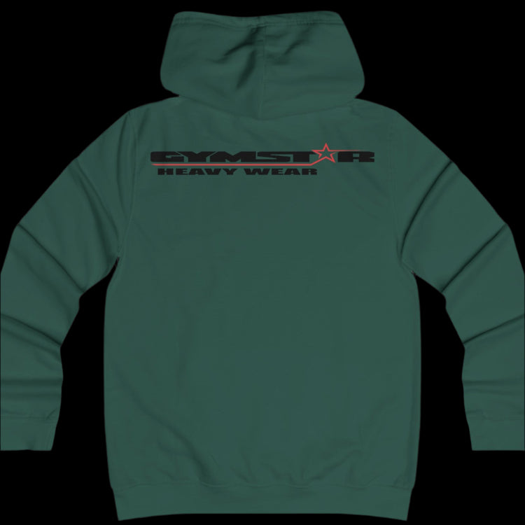 Sport green color athletic hoodie gymstar with black graphic featuring the text "heavy wear" and a  GYMSTAR logo on the back. Rear view.