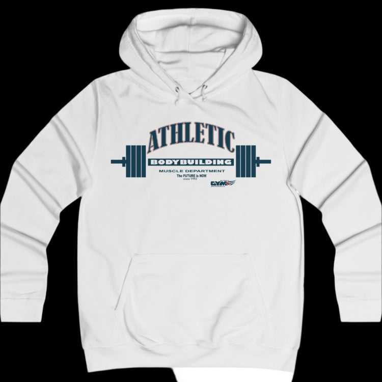 White athletic hoodie gymstar with dark blue graphic featuring the text "ATHLETIC BODYBUILDING MUSCLE DEPARTMENT," a barbell illustration, and small GYMSTAR logo on the chest.