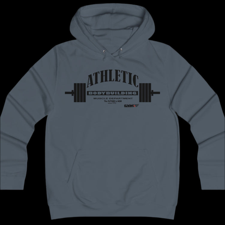 Sport sports grey athletic hoodie gymstar with black graphic featuring the text "ATHLETIC BODYBUILDING MUSCLE DEPARTMENT," a barbell illustration, and small GYMSTAR logo on the chest.
