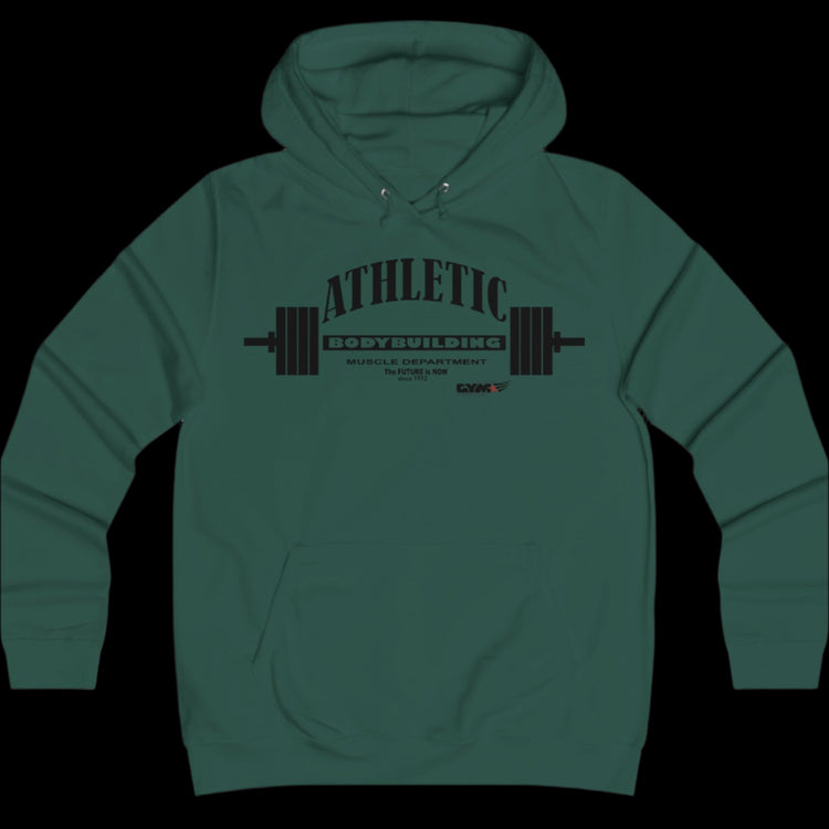 Sport metallic green color athletic hoodie gymstar with black graphic featuring the text "ATHLETIC BODYBUILDING MUSCLE DEPARTMENT," a barbell illustration, and small GYMSTAR logo on the chest.