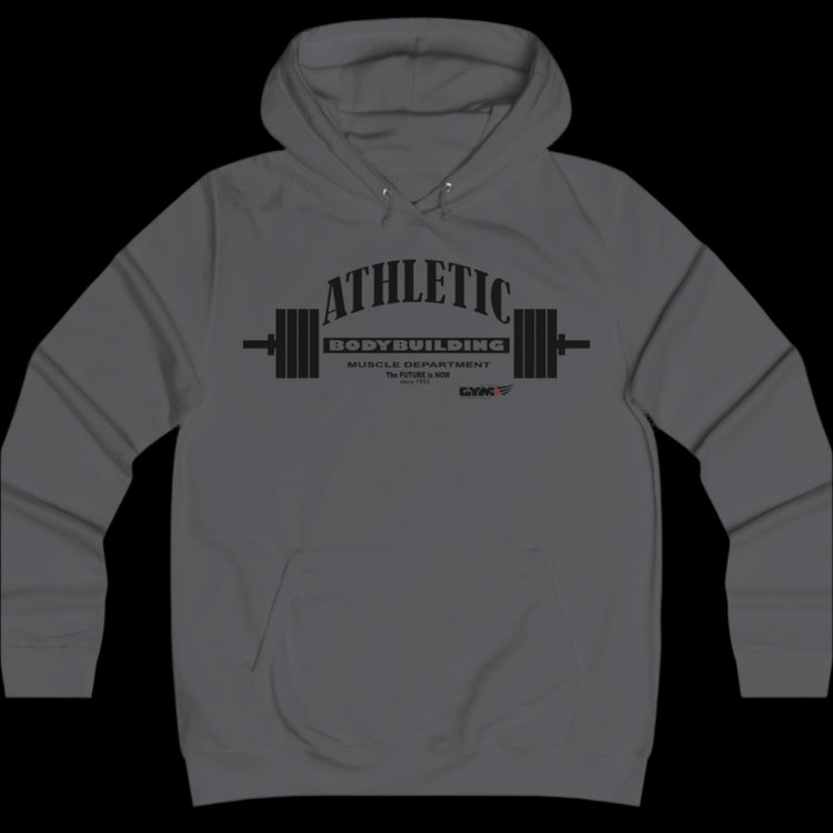 Sport grey athletic hoodie gymstar with black graphic featuring the text "ATHLETIC BODYBUILDING MUSCLE DEPARTMENT," a barbell illustration, and small GYMSTAR logo on the chest.