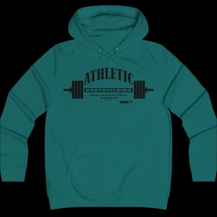 Sport electric green color athletic hoodie gymstar with black graphic featuring the text "ATHLETIC BODYBUILDING MUSCLE DEPARTMENT," a barbell illustration, and small GYMSTAR logo on the chest.