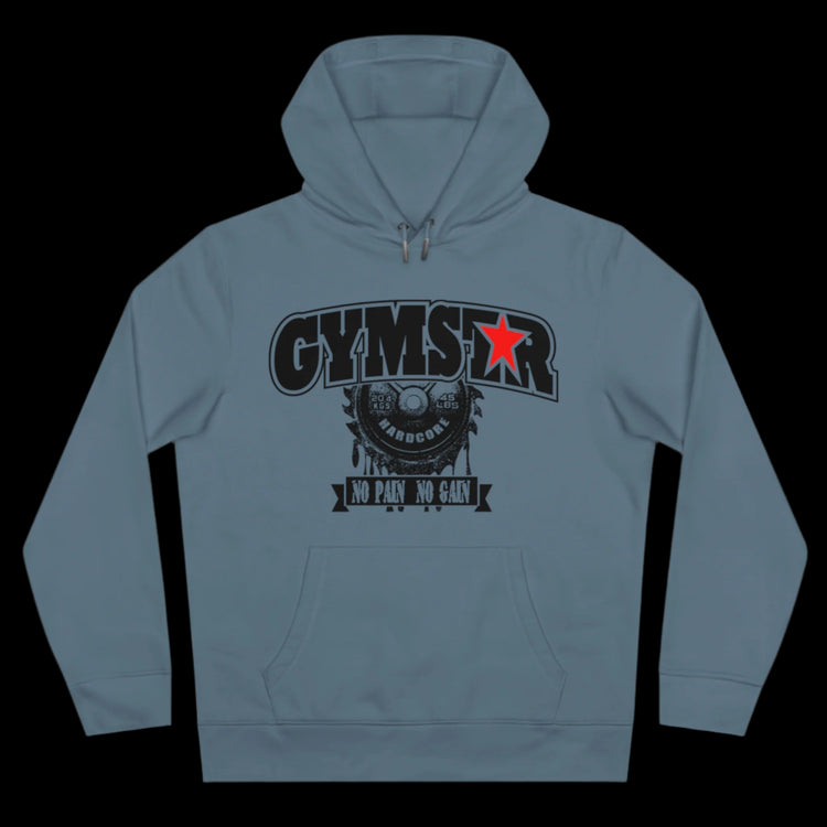 Sport steel blue athletic hoodie gymstar with black graphic featuring the text "NO PAIN NO GAIN" barbel graphic and a GYMSTAR logo. Front view.