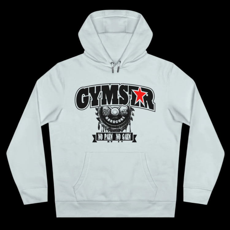 Sport light blue athletic hoodie gymstar with black graphic featuring the text "NO PAIN NO GAIN" barbel graphic and a GYMSTAR logo. Front view.