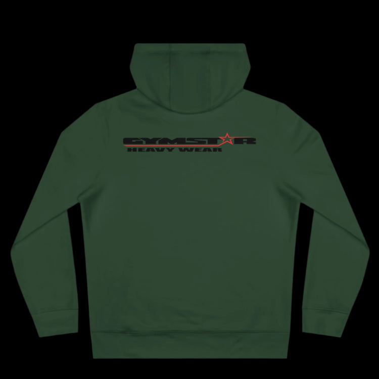 Sport green athletic hoodie gymstar with black graphic featuring the text "HEAVY WEAR" barbel graphic and a GYMSTAR logo. Rear view.
