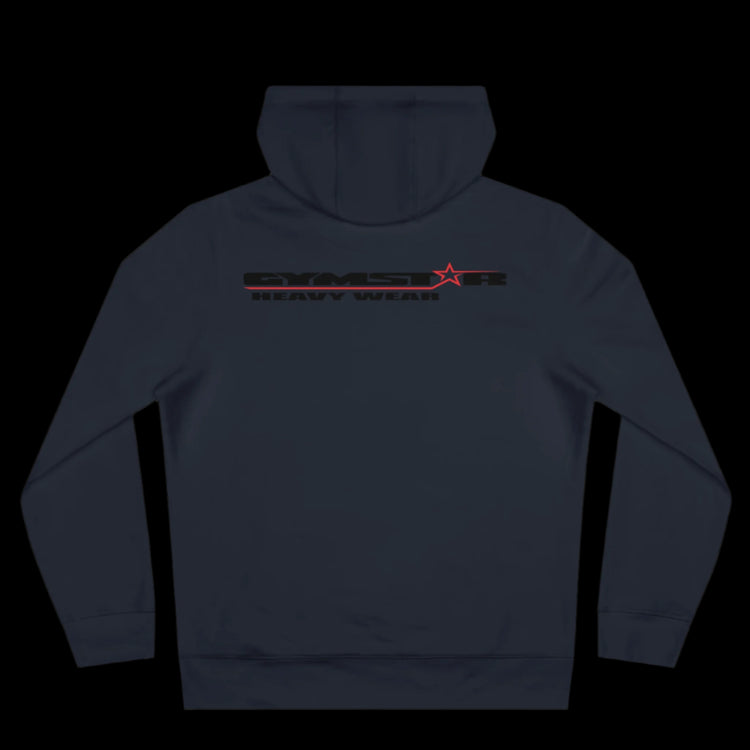 Sport navy blue athletic hoodie gymstar with black graphic featuring the text "HEAVY WEAR" barbel graphic and a GYMSTAR logo. Rear view.