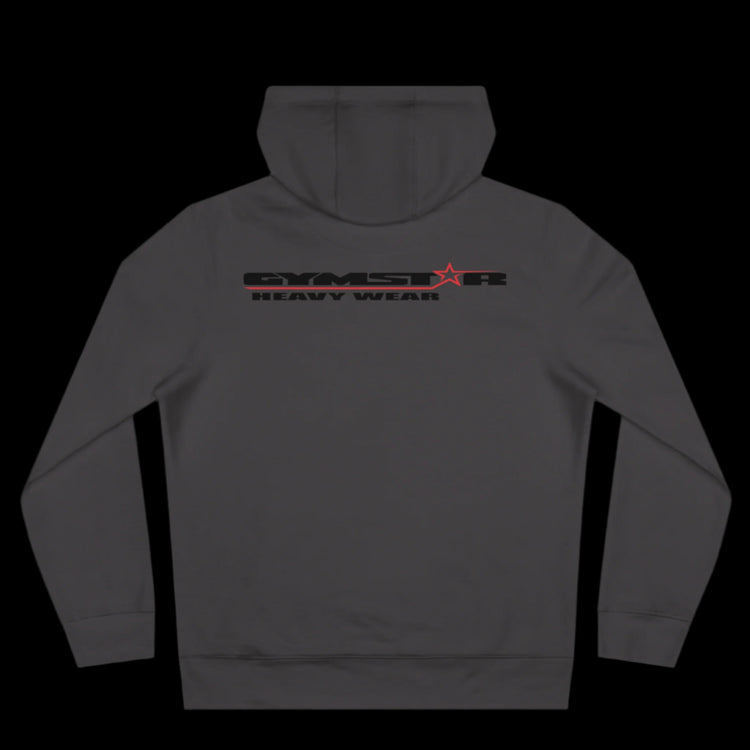 Sport grey athletic hoodie gymstar with black graphic featuring the text "HEAVY WEAR" barbel graphic and a GYMSTAR logo. Rear view.