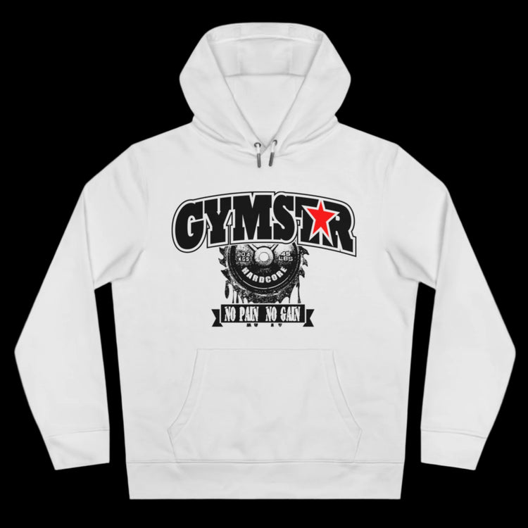 Sport white athletic hoodie gymstar with black graphic featuring the text "NO PAIN NO GAIN" barbel graphic and a GYMSTAR logo. Front view.