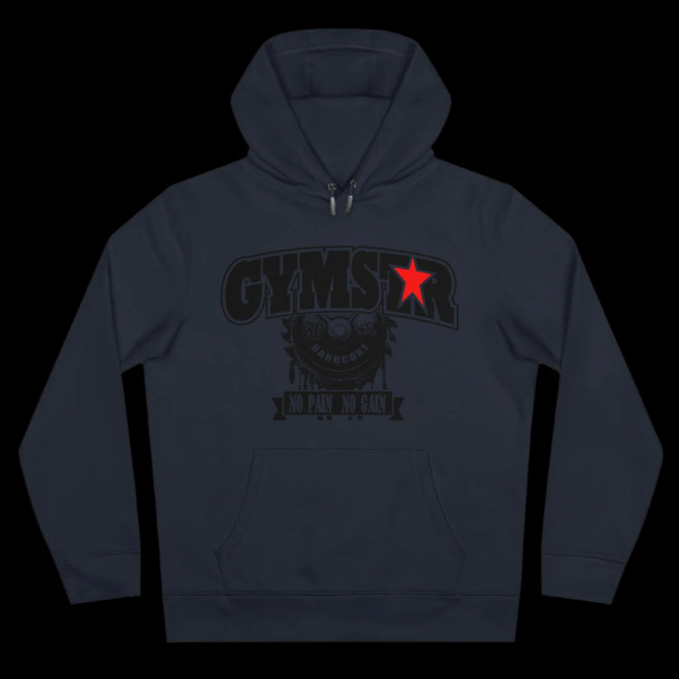 Sport steel grey athletic hoodie gymstar with black graphic featuring the text "NO PAIN NO GAIN" barbel graphic and a GYMSTAR logo. Front view.