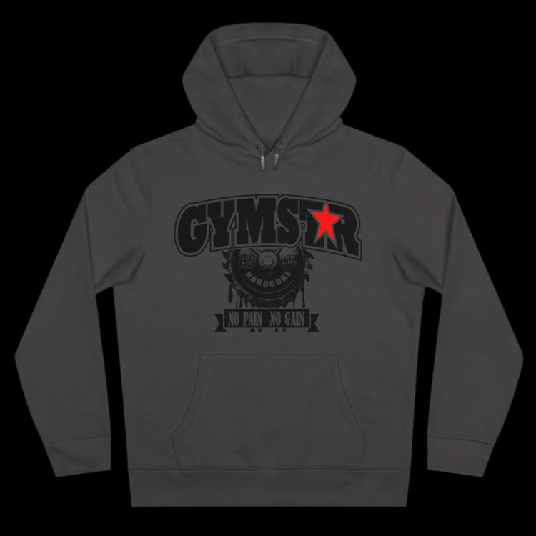 Sport sport grey athletic hoodie gymstar with black graphic featuring the text "NO PAIN NO GAIN" barbel graphic and a GYMSTAR logo. Front view.