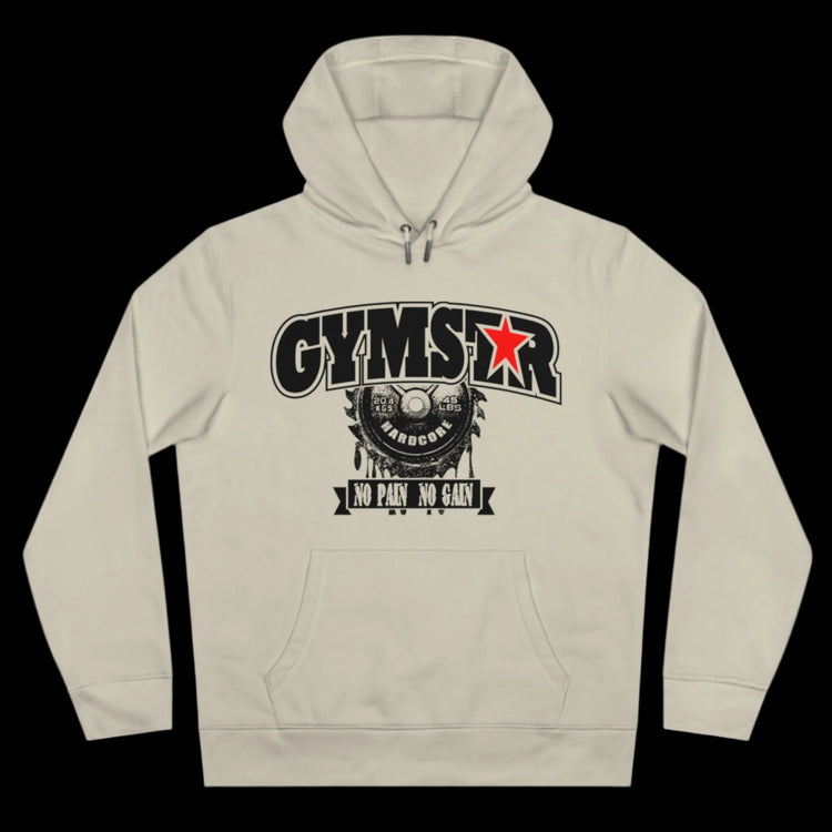 Sport beige athletic hoodie gymstar with black graphic featuring the text "NO PAIN NO GAIN" barbel graphic and a GYMSTAR logo. Front view.