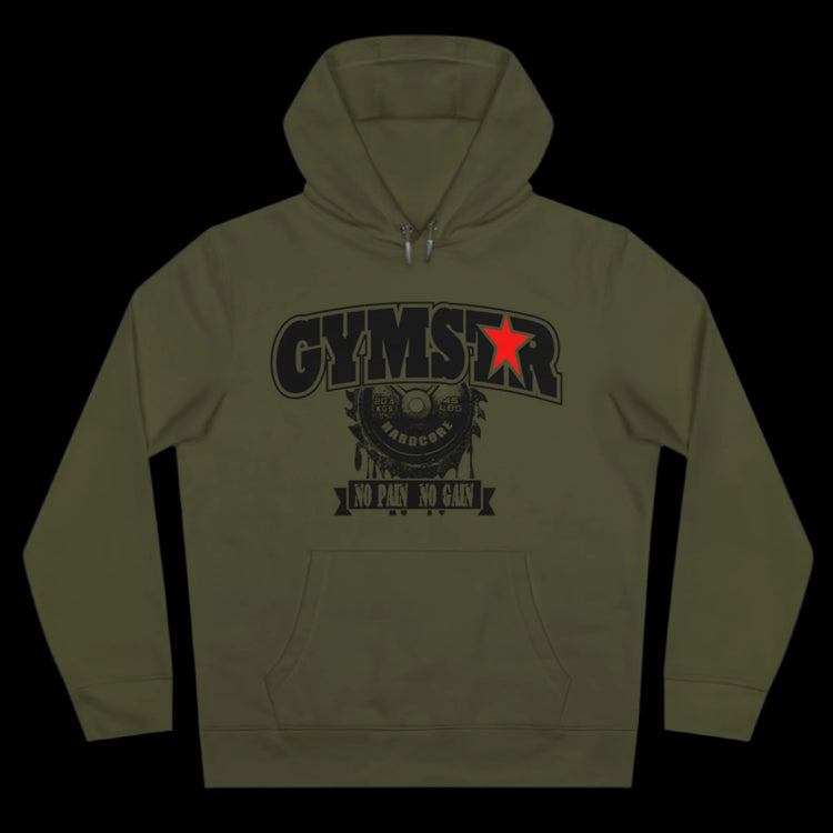 Sport military green athletic hoodie gymstar with black graphic featuring the text "NO PAIN NO GAIN" barbel graphic and a GYMSTAR logo. Front view.