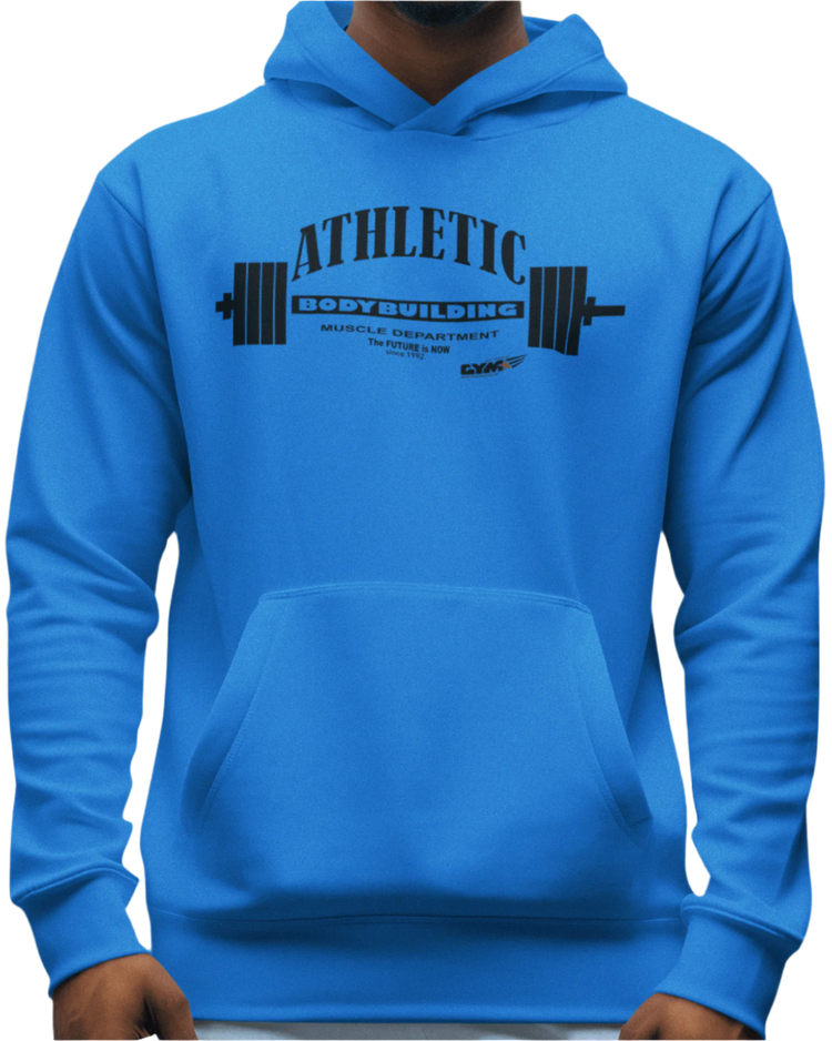 A person wearing a blue hoodie with 'ATHLETIC GYM BUILDING' and logo printed on the front.