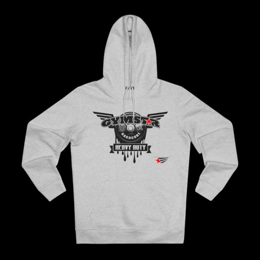 A gray Gymstar hoodie with 'GYM HEAVY DUTY' text and a graphic design on the front.