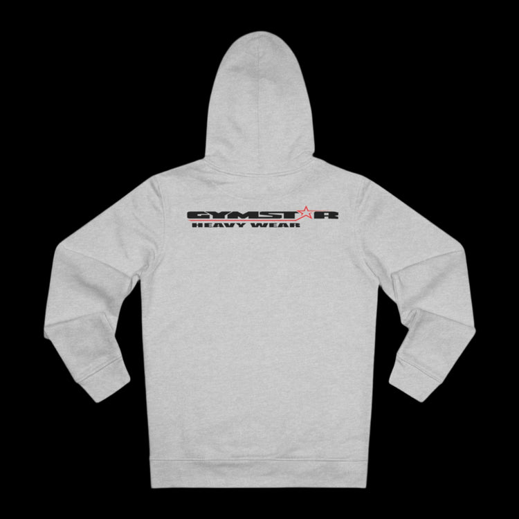 A silver gray Gymstar hoodie with 'GYM HEAVY DUTY' text and a graphic design on the back.
