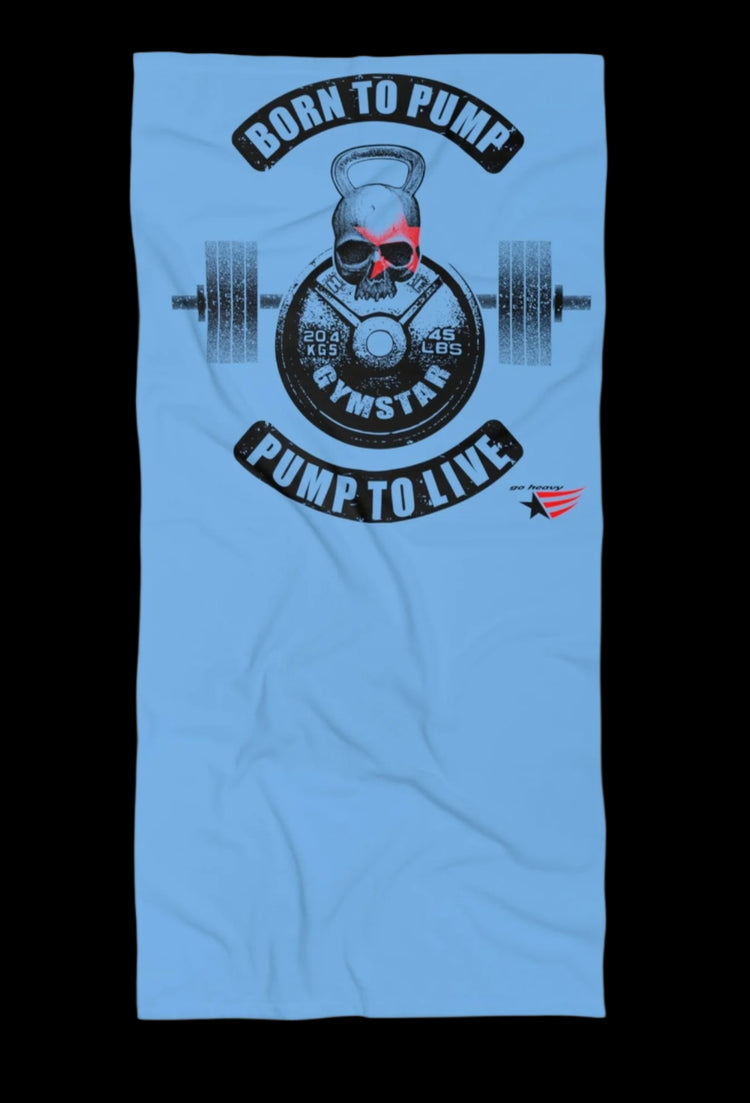 Light blue gym towel with a kettlebell and barbell graphic, text “BORN TO PUMP, PUMP TO LIVE,” GYMSTAR branding, and motivational design.