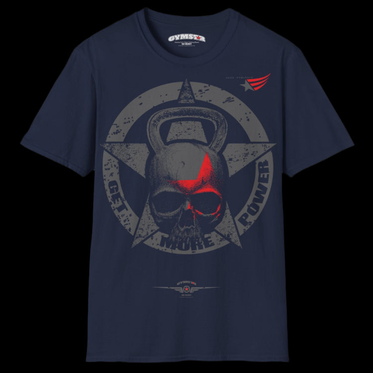 a navy blue Gymstar T-shirt, branded with the company logo and a motivational print, Get More Power