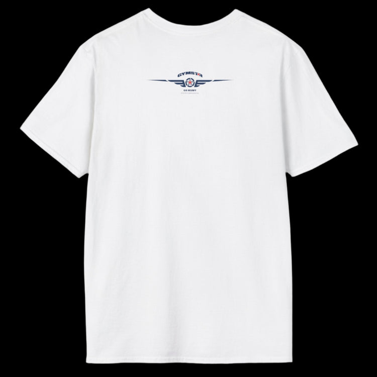 A white Gymstar T-shirt, branded with the company logo and a motivational print, Get More Power back view.