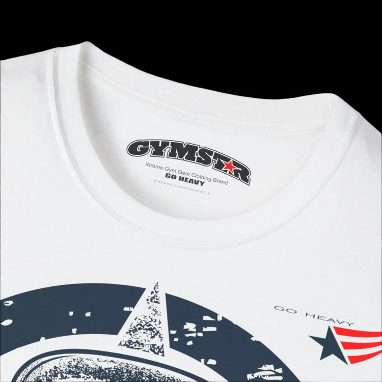 A white Gymstar T-shirt, branded with the company logo and a motivational print, Get More Power.