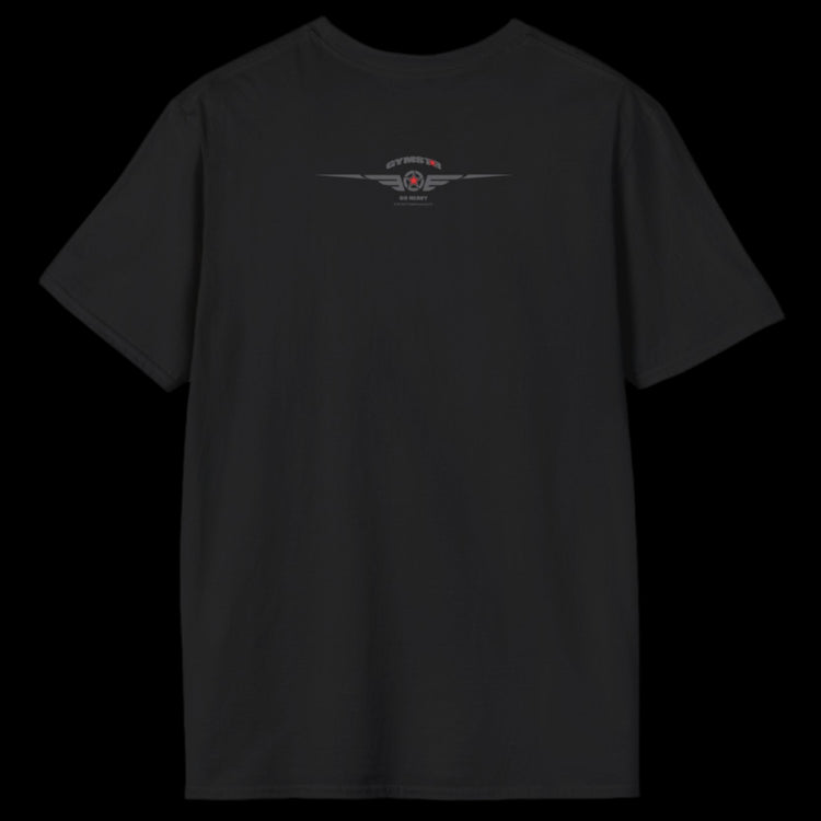 A black Gymstar T-shirt, branded with the company logo and a motivational print, Get More Power back view.