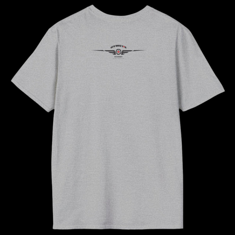 A light grey Gymstar T-shirt, branded with the company logo and a motivational print, Get More Power back side.