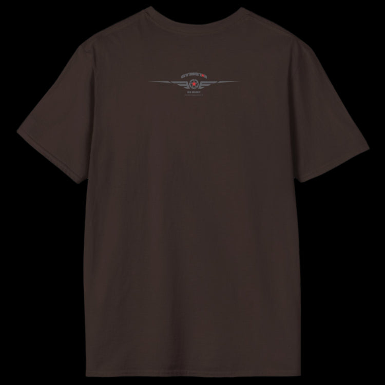 A brown Gymstar T-shirt, branded with the company logo and a motivational print, Get More Power back side.