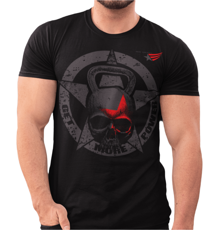 A man wearing a Gymstar T-shirt, branded with the company logo and a motivational print, Get More Power.