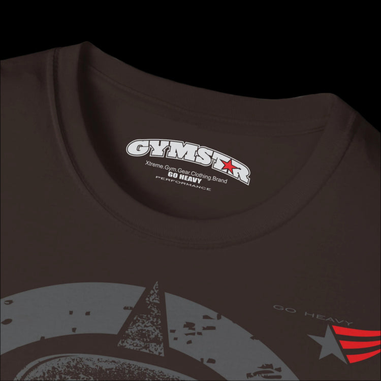 A brown Gymstar T-shirt, branded with the company logo and a motivational print, Get More Power.
