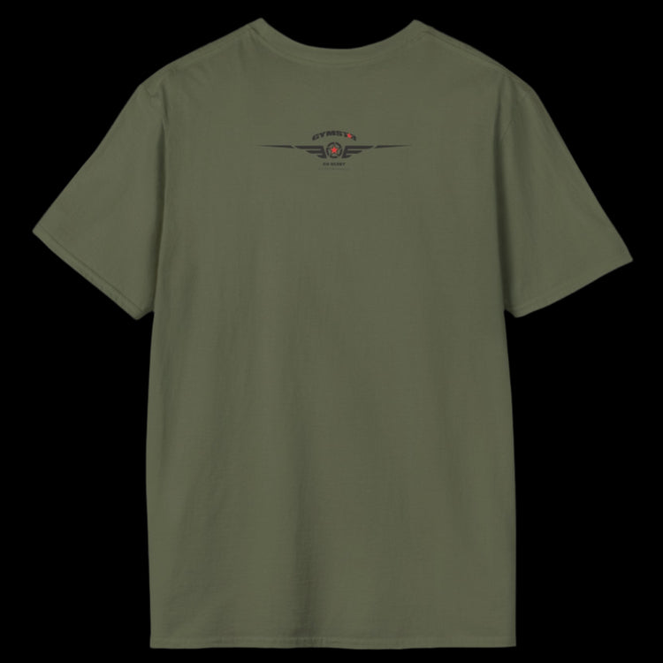 A military green Gymstar T-shirt, branded with the company logo and a motivational print, Get More Power back side.