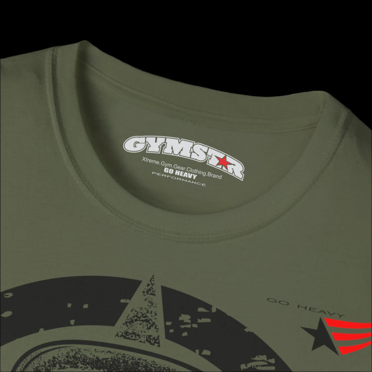 A military green Gymstar T-shirt, branded with the company logo and a motivational print, Get More Power.