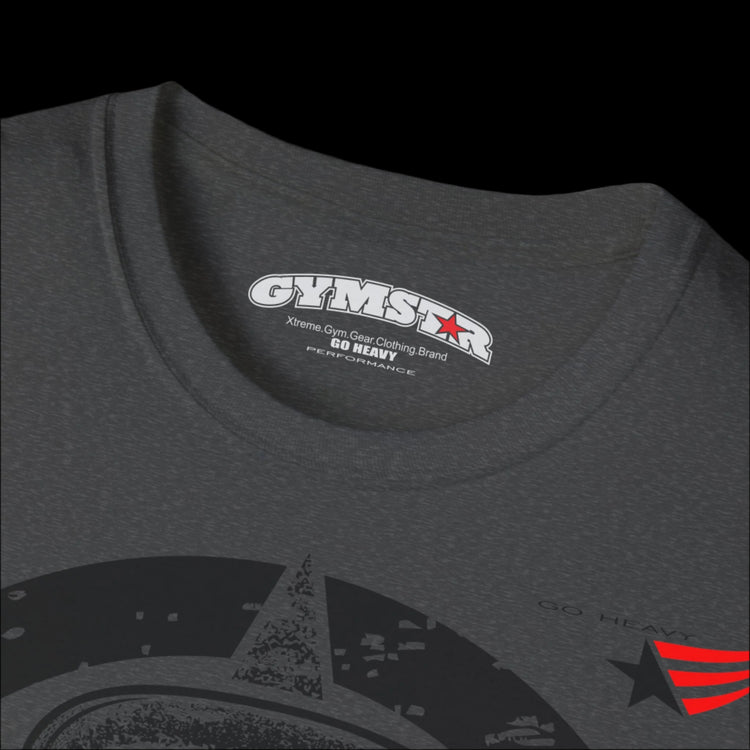 A sharcoal Gymstar T-shirt, branded with the company logo and a motivational print, Get More Power.