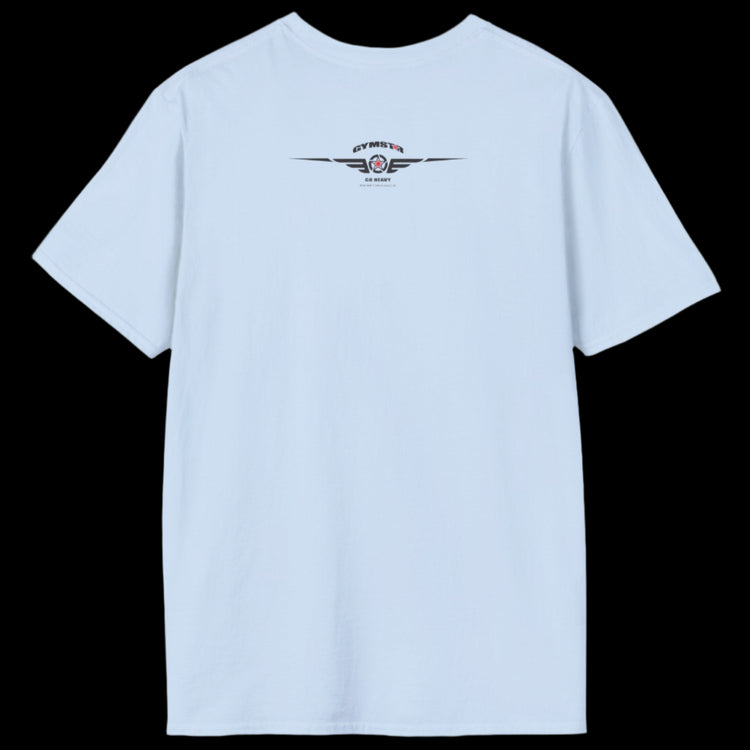 A light blue Gymstar T-shirt, branded with the company logo and a motivational print, Get More Power back view.