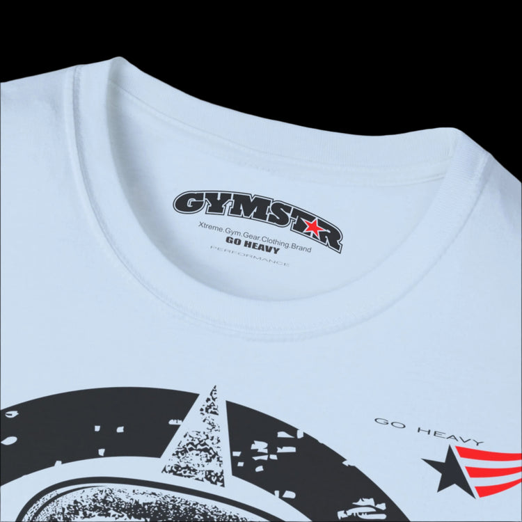 A light blue Gymstar T-shirt, branded with the company logo and a motivational print, Get More Power.