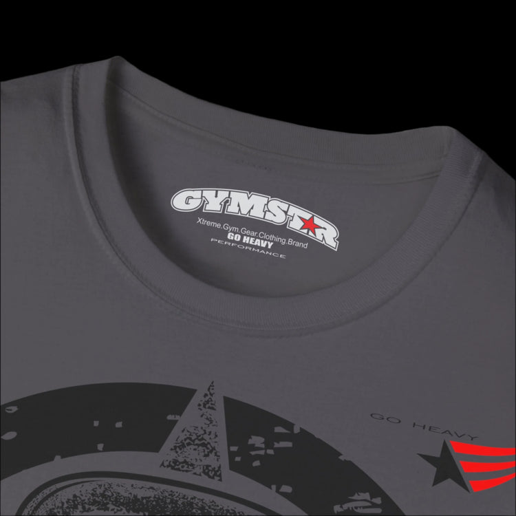 A grey Gymstar T-shirt, branded with the company logo and a motivational print, Get More Power.