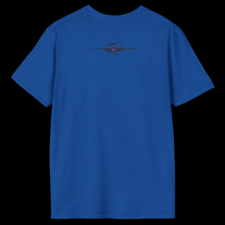 A blue Gymstar T-shirt, branded with the company logo and a motivational print, Get More Power back view.