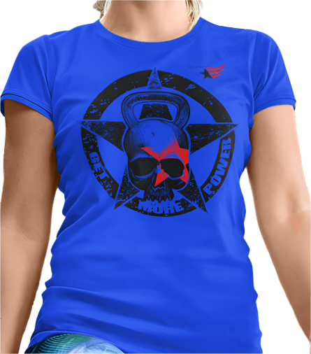 A woman wearing a Gymstar T-shirt, branded with the company logo and a motivational print, Get More Power.