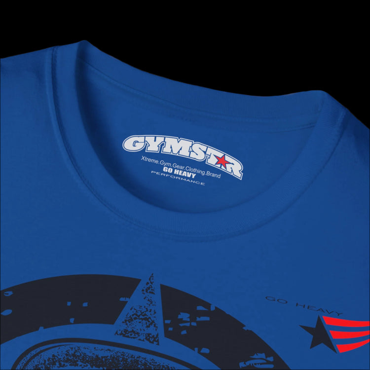A blue Gymstar T-shirt, branded with the company logo and a motivational print, Get More Power.